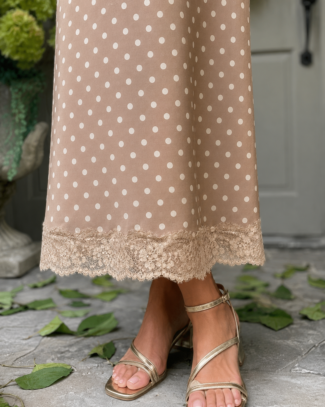 Khaki Polka Dot Lace Hem Elegant Long Shift Skirt - PREORDER