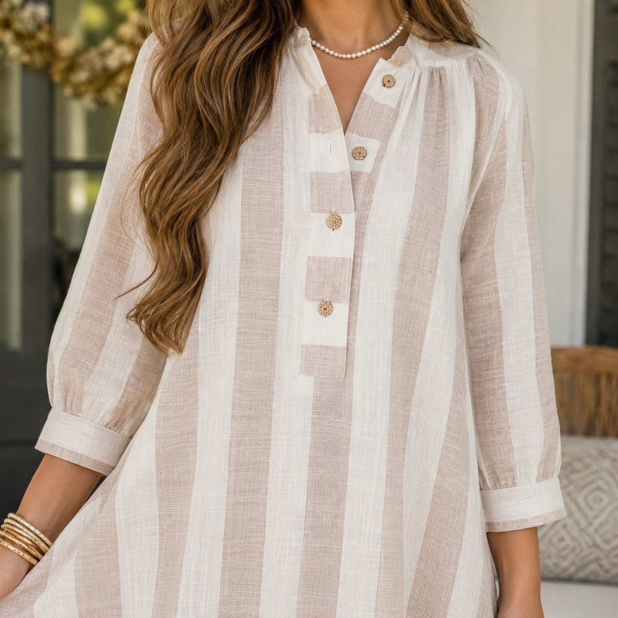 Khaki Stripe Striped Button-Up Three-Quarter Sleeve Short Shift Dress - PREORDER