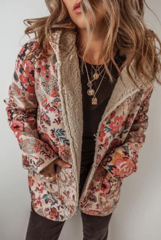 Beige Vintage Paisley Floral Printed Sherpa Lined Hooded Jacket PREORDER