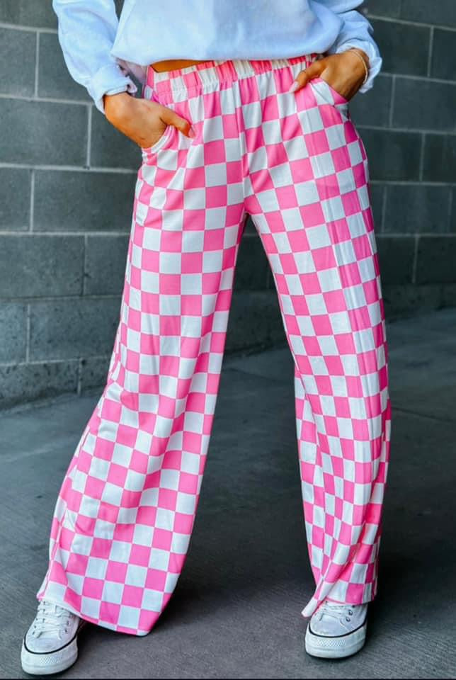 Bonbon 2-Tone Checked Print High Waist Wide Leg Pants PREORDER