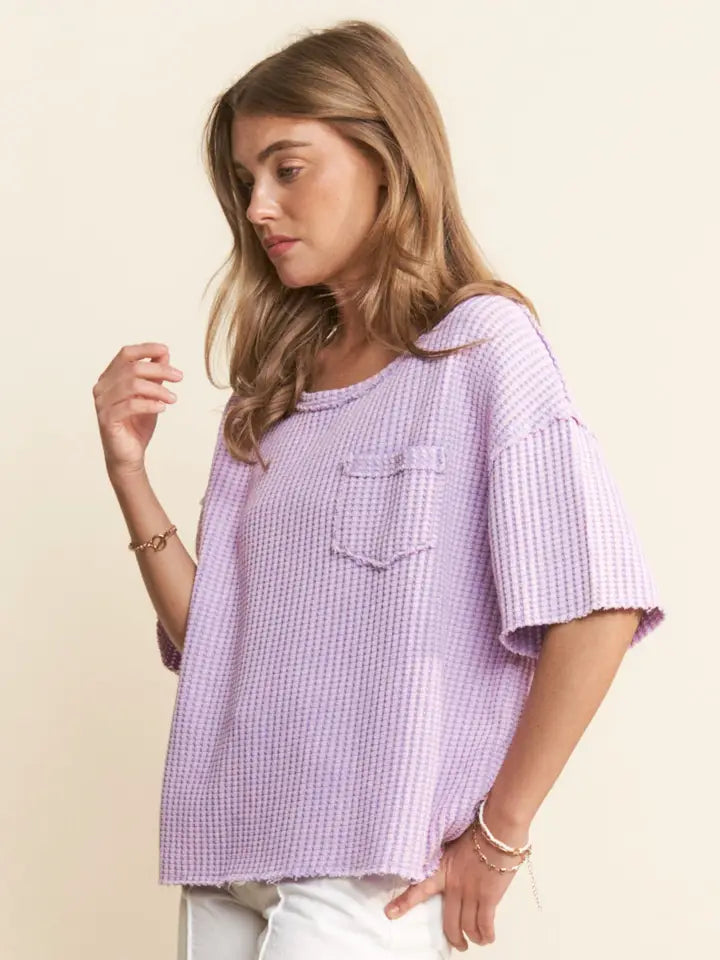 Lilac Mineral Washed Waffle Knit Short Sleeve Top