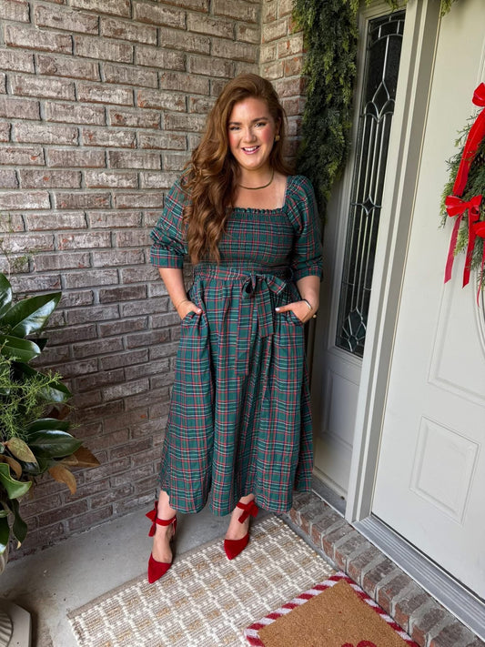 Green Tartan Plaid Square Neck Puff Sleeve Knot Waist Flared Midi Dress