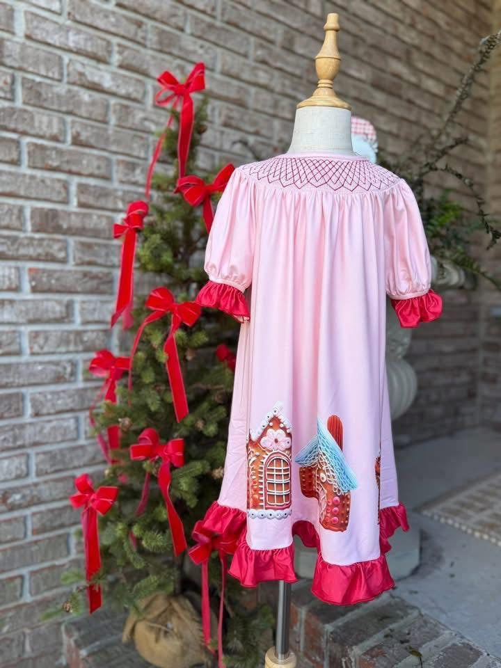 Girls Pink & Red Smocked Gingerbread House Ruffle Dress