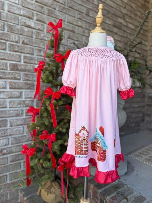 Girls Pink & Red Smocked Gingerbread House Ruffle Dress