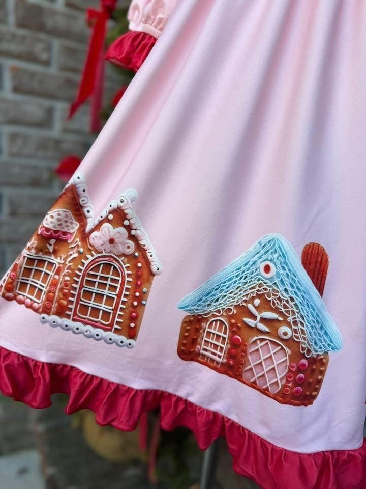 Girls Pink & Red Smocked Gingerbread House Ruffle Dress