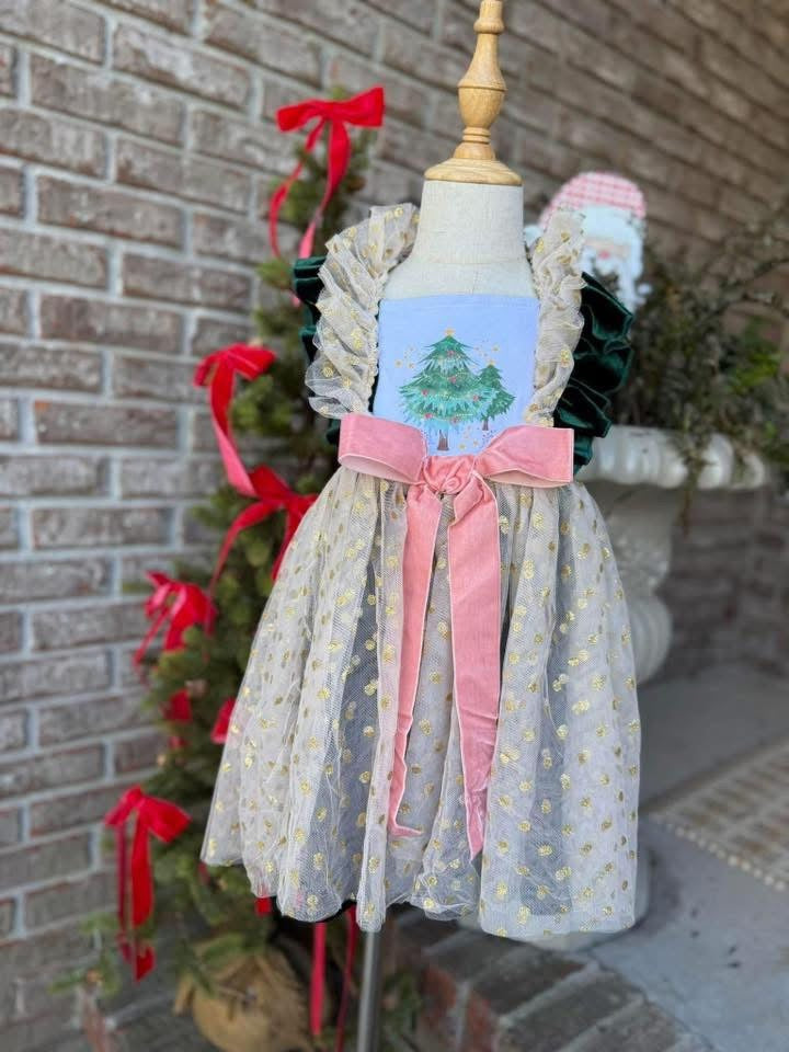 Girls Swiss Dot Overlay Christmas Tree Dress