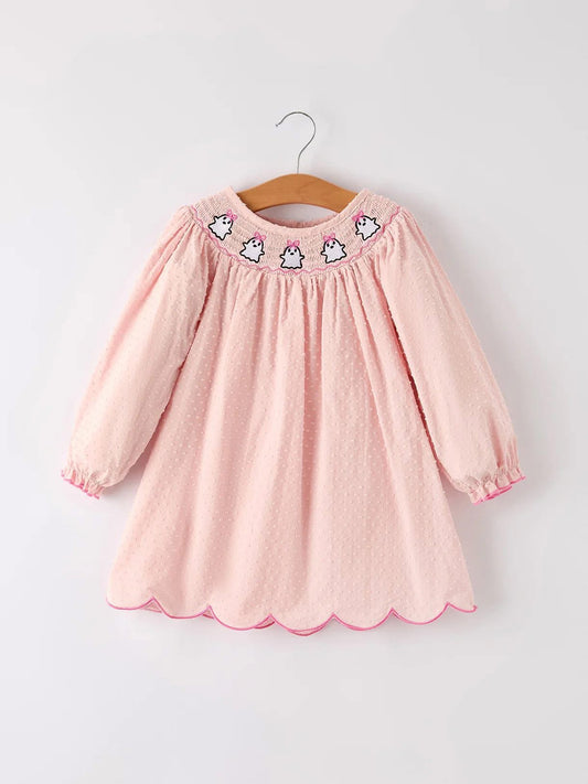 Halloween Light Pink Ghost Embroidery Smock Girl Dress - PREORDER