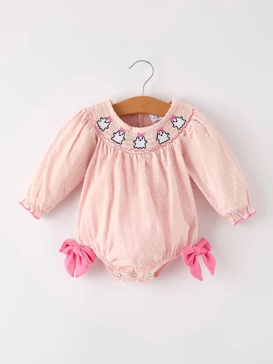 Halloween Light Pink Ghost Embroidery Smock Floral Girls Romper - PREORDER