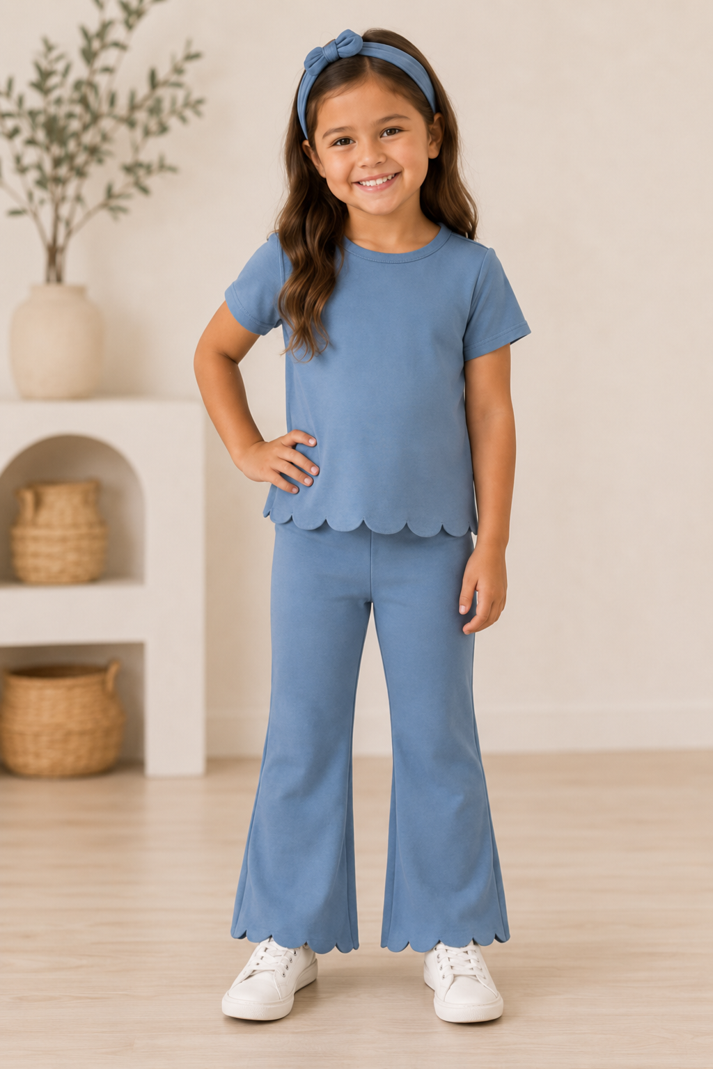 Girls Slate Blue Cotton Scallop Two Piece Set - PREORDER