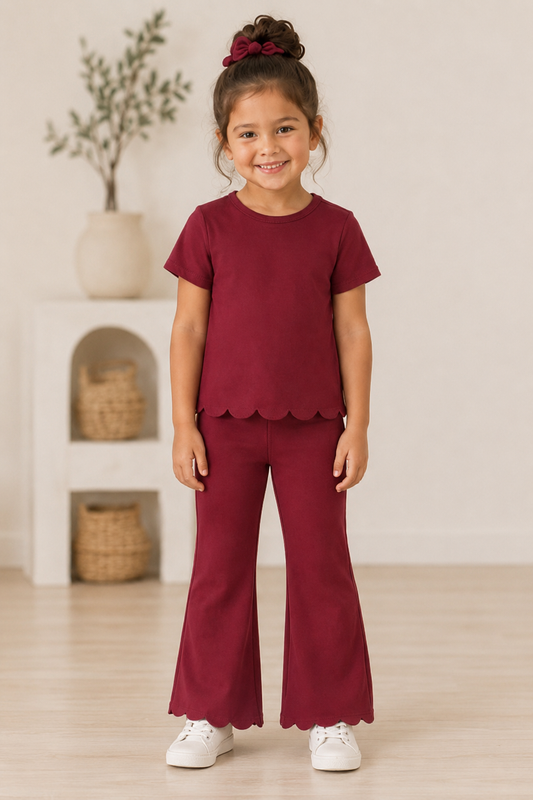 Girls Wine Cotton Scallop Two Piece Set - PREORDER