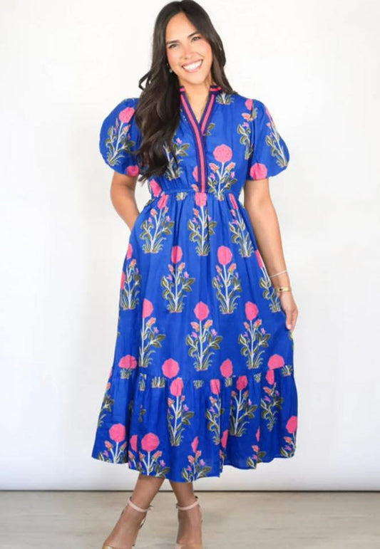 Sky Blue Floral Puff Short Sleeve V Neck High Waist Maxi Dress