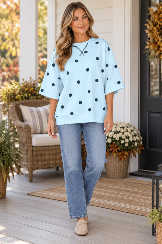 Sky Blue Polka Dot Print Crossed Seam Detail Oversize Tee