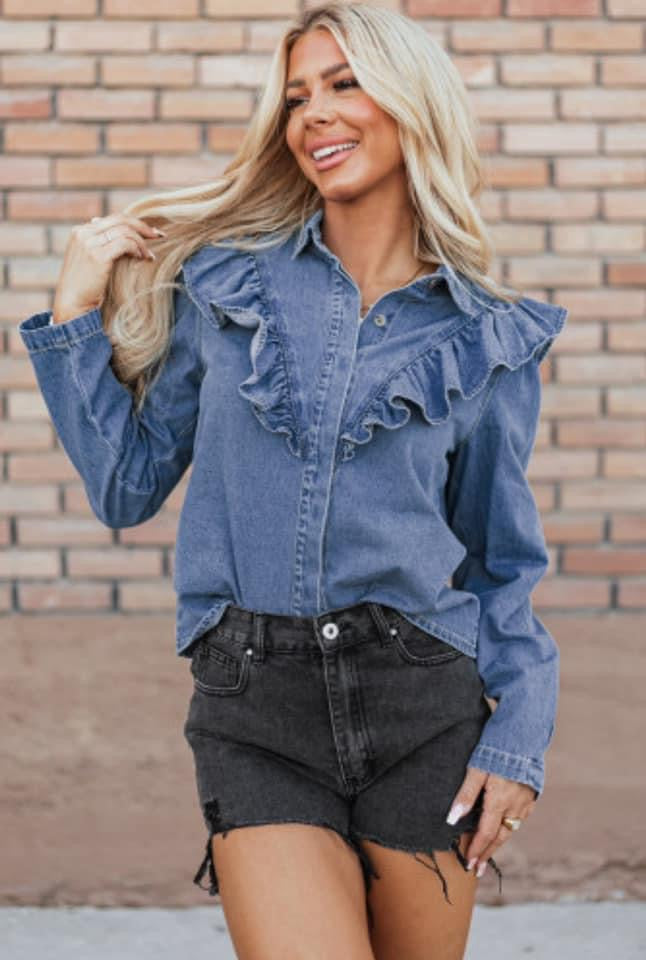 Denim Raffle Design Denim Ruffle Top – House Of Halle Boutique