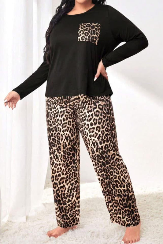 Black Leopard Patched Pocket Long Sleeve Top Plus Size Pants Set PREORDER