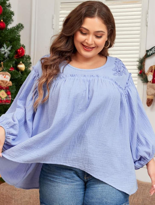 Beau Blue Plus Size Crochet Bracelet Sleeve Babydoll Blouse