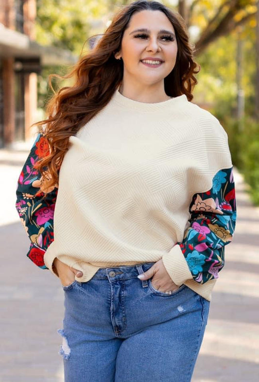 White Floral Patchwork Sleeve Textured Plus Size Pullover Top PREORDER