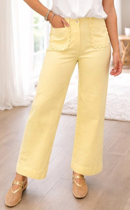 Yellow Solid Color Scalloped Patch Pocket Shift Jeans - PREORDER