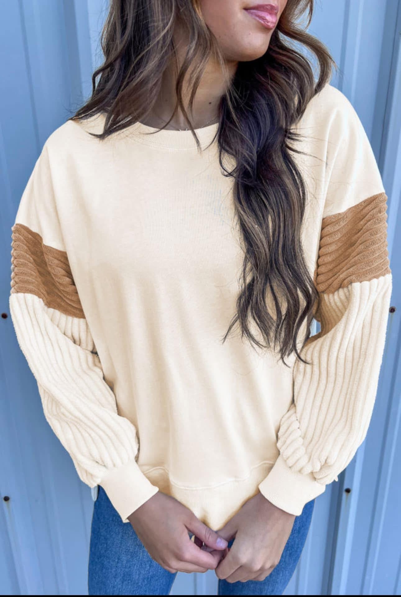 Apricot Corduroy Patchwork Drop Shoulder Long Sleeve Sweatshirt PREORDER