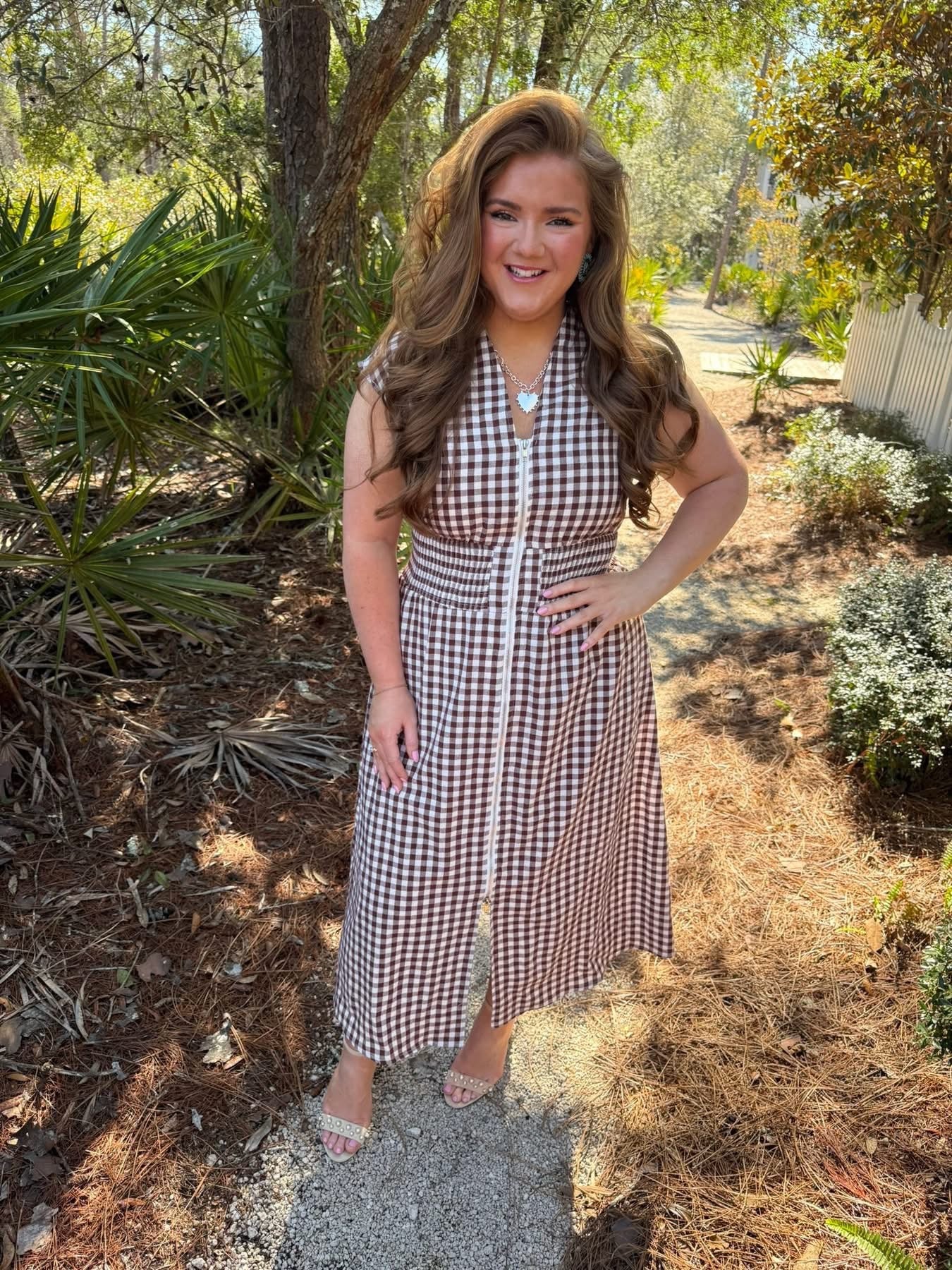 Coffee Plaid Print Full Zipper Cinched Waist Fit Flare Sleeveless Maxi Dress