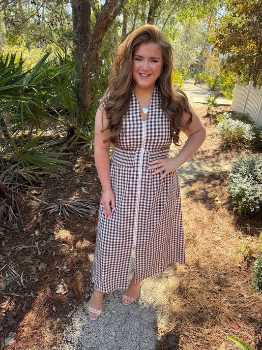 Coffee Plaid Print Full Zipper Cinched Waist Fit Flare Sleeveless Maxi Dress - PREORDER