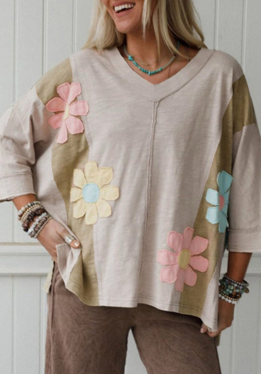 Green Flower Patched Exposed Seam
Bracelet Sleeve Oversized T Shirt - PREORDER