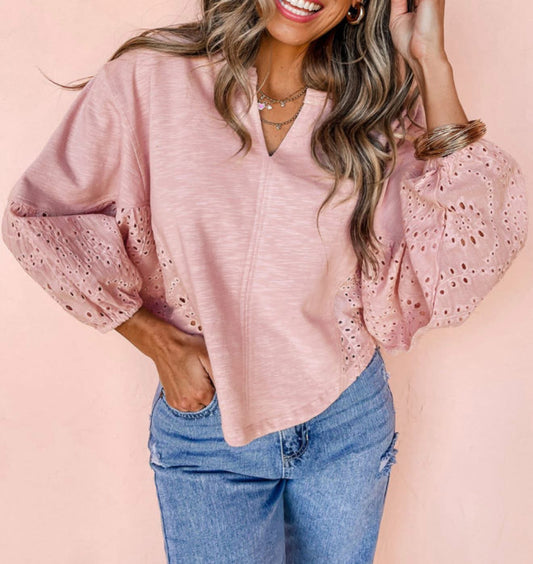 Light Pink Keyhole Notch V Neck Batwing Sleeve Blouse - PREORDER