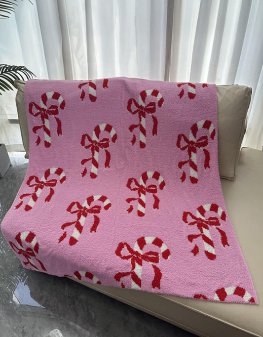 Bright Pink Bow Candy Cane Pattern Soft Fleece Blanket