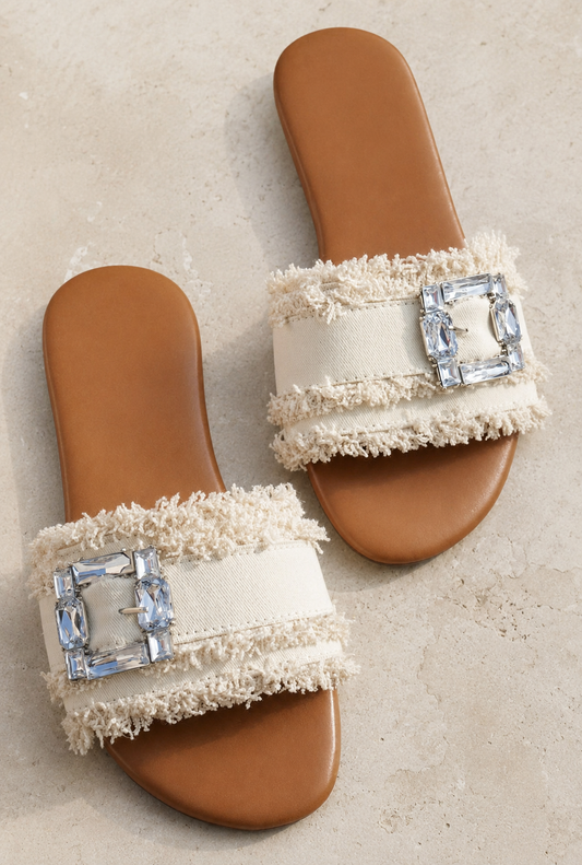 White Frayed Wide Band Rhinestone Buckle Detail Slippers
