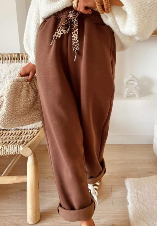 Brown Fleece Lined Leopard Drawstring Elastic Waist Solid Pants - PREORDER