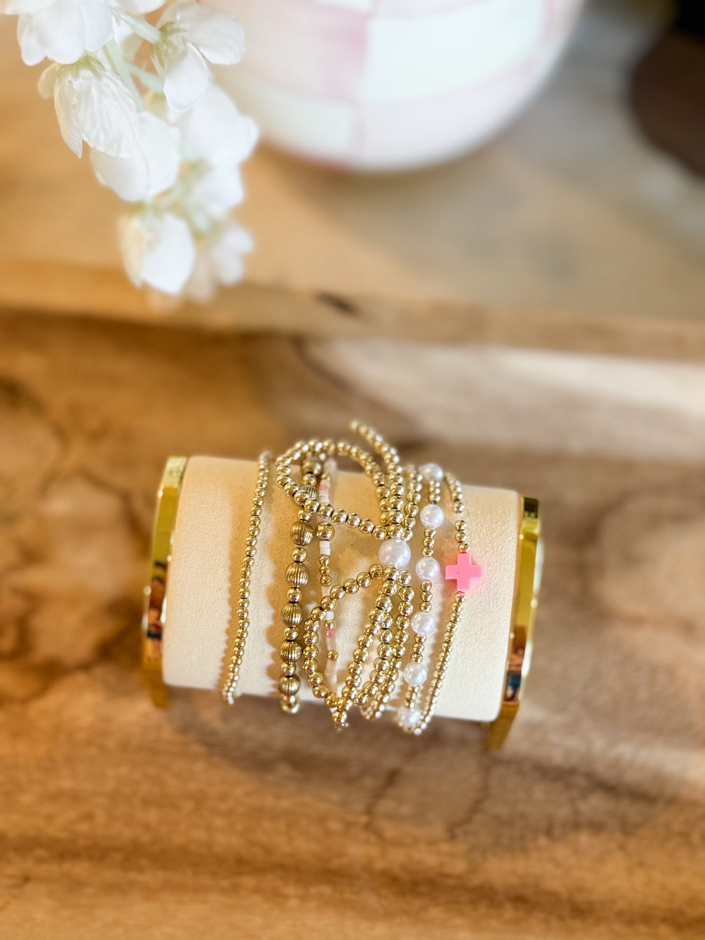 Gold Bow Knot Pearl Decor Beaded Layered Bracelet