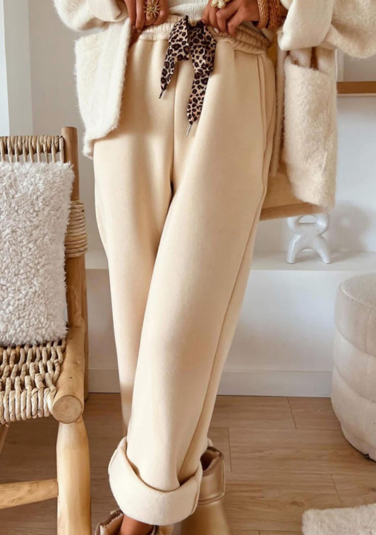 Cream Fleece Lined Leopard Drawstring Elastic Waist Solid Pants - PREORDER