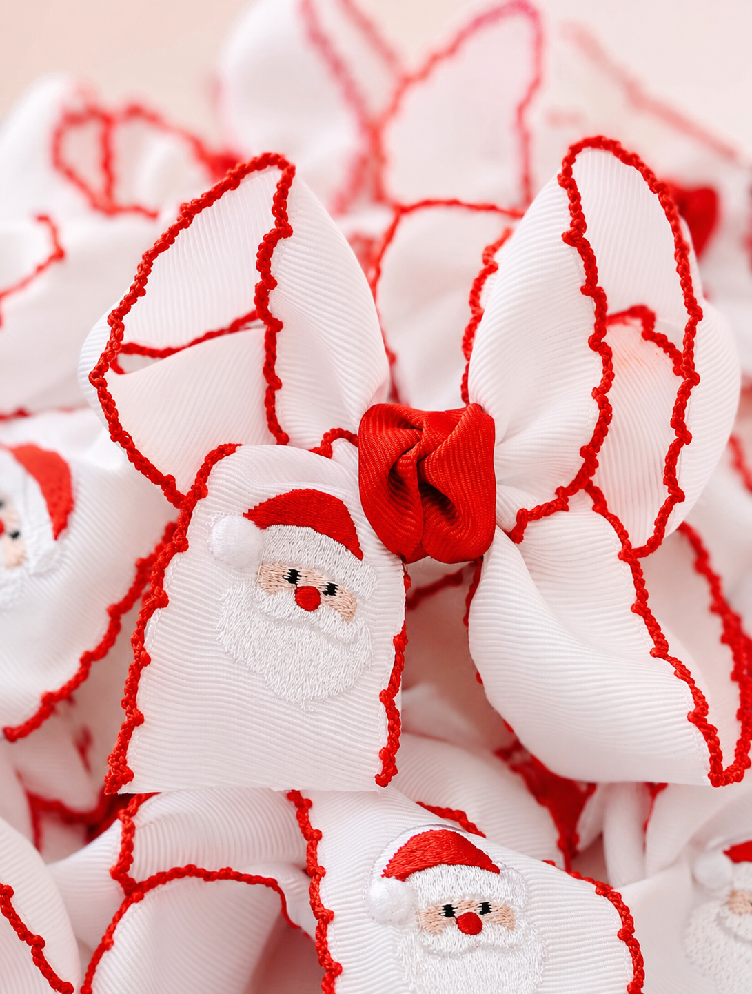 Embroidered Santa Crochet Edge Bow (White & Red)