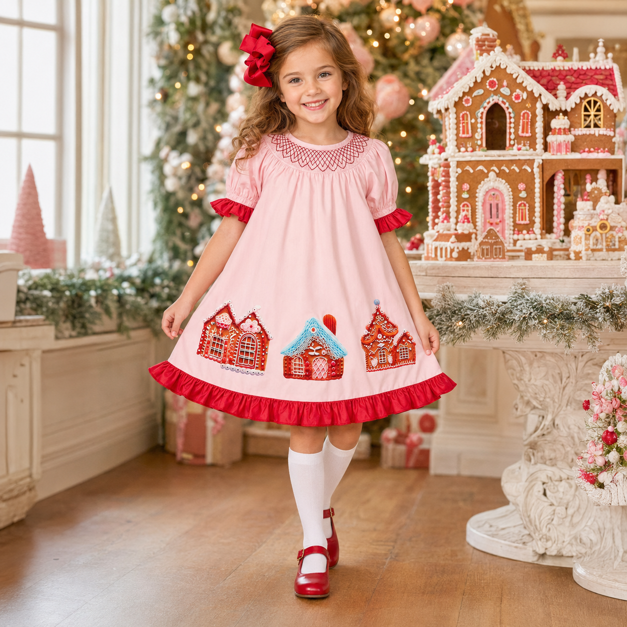Girls Pink & Red Smocked Gingerbread House Ruffle Dress