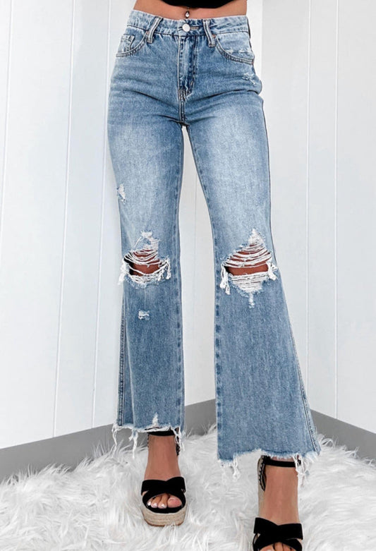 Dusk Blue High Rise Ripped Distressed Hem Flared Jeans