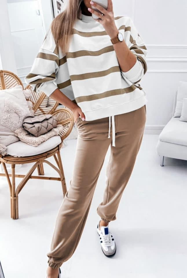 Light French Beige Striped Drop Shoulder Pullover and Jogger Pants Set PREORDER