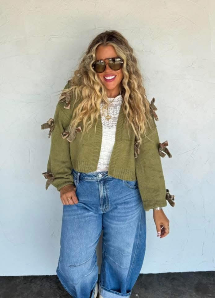 Olive Green Sloane Bow Knit Cardigan