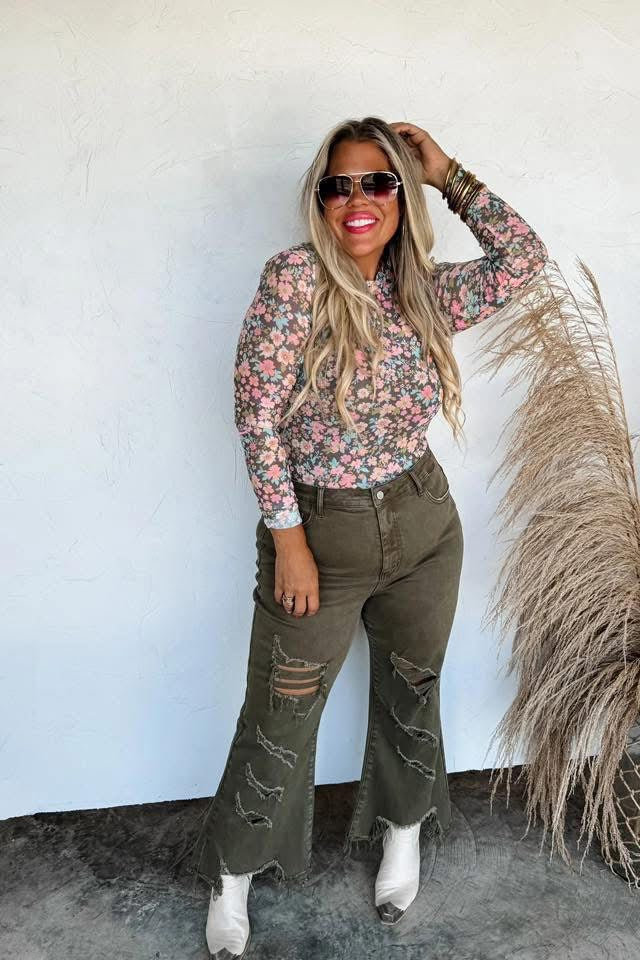 Green Floral Mesh Top