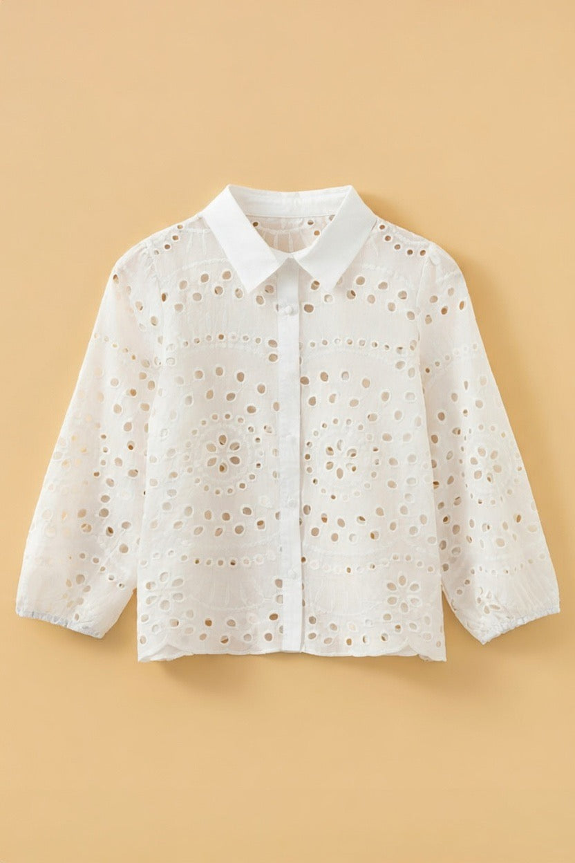 White Eyelet Embroidered Puff Sleeve Crop Shirt - PREORDER