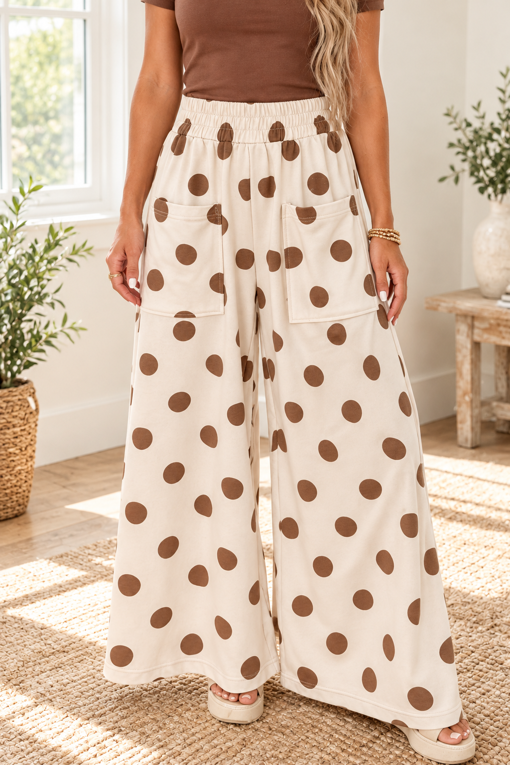 Khaki Polka Dot Elastic Waist Pocketed Wide Leg Pants