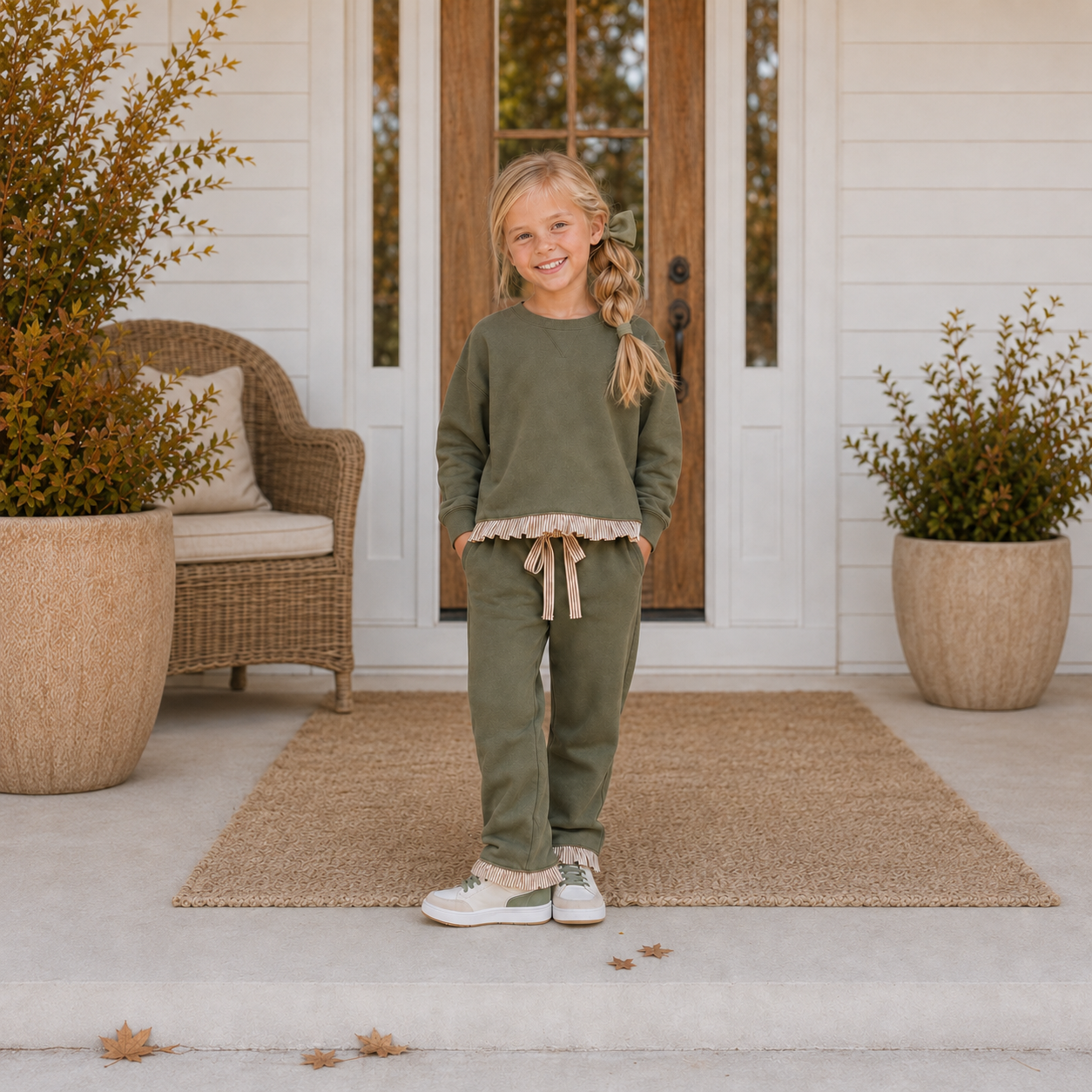 Girls Olive Green Ruffle Detail Pant Set- PREORDER
