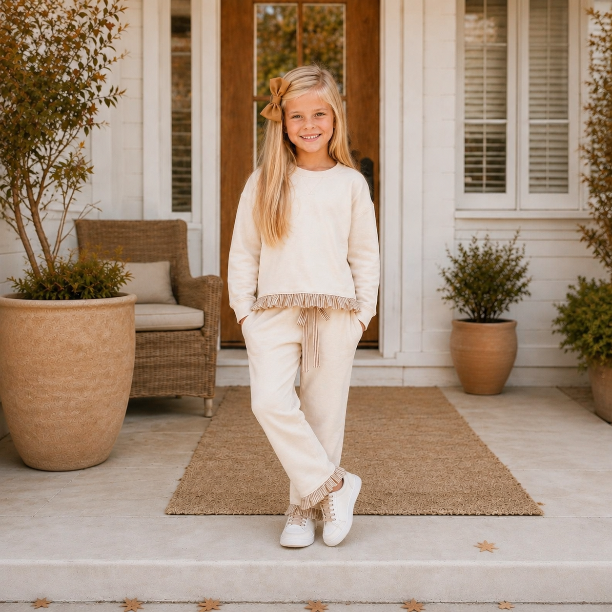 Girls Cream Ruffle Detail Pant Set- PREORDER