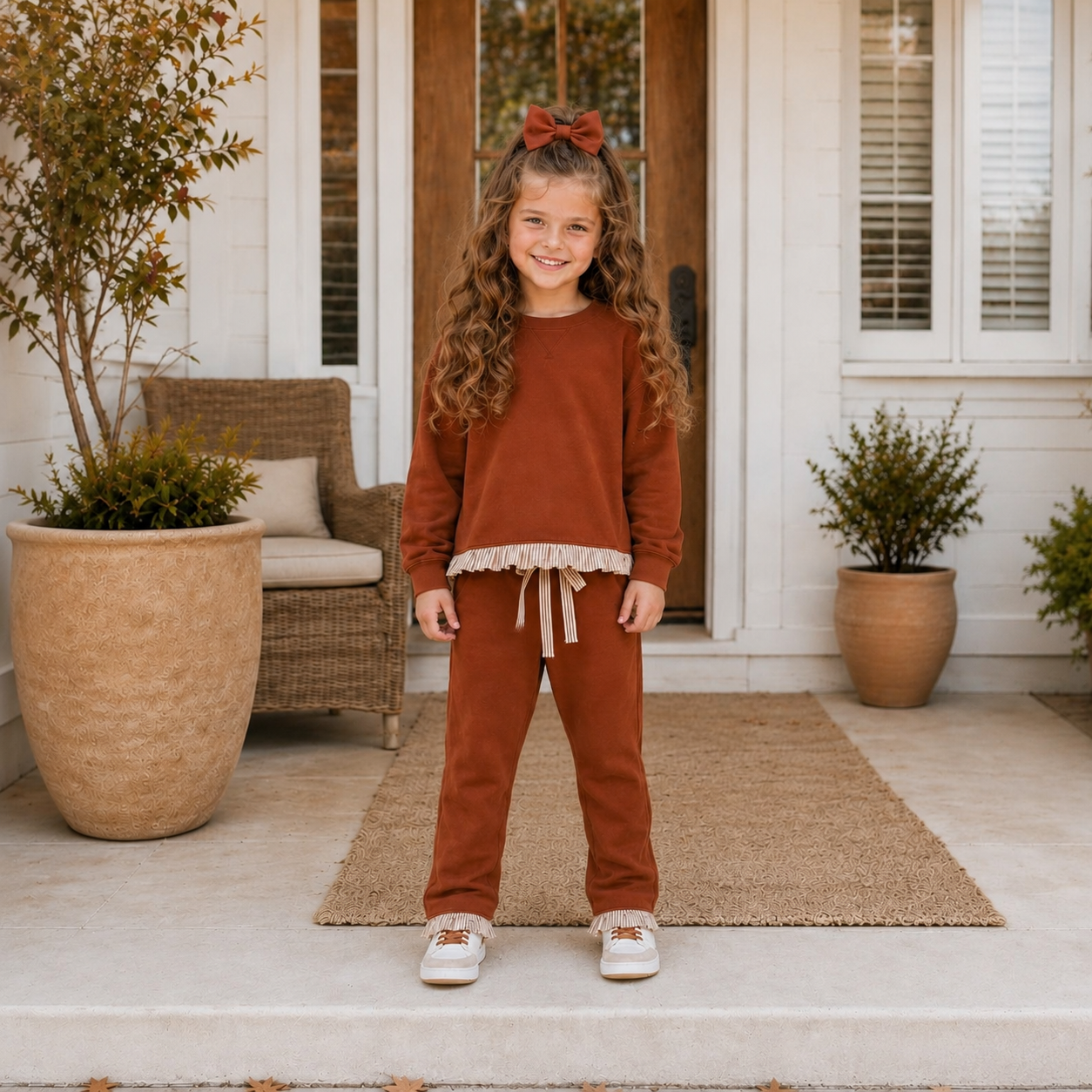 Girls Rust Ruffle Detail Pant Set- PREORDER