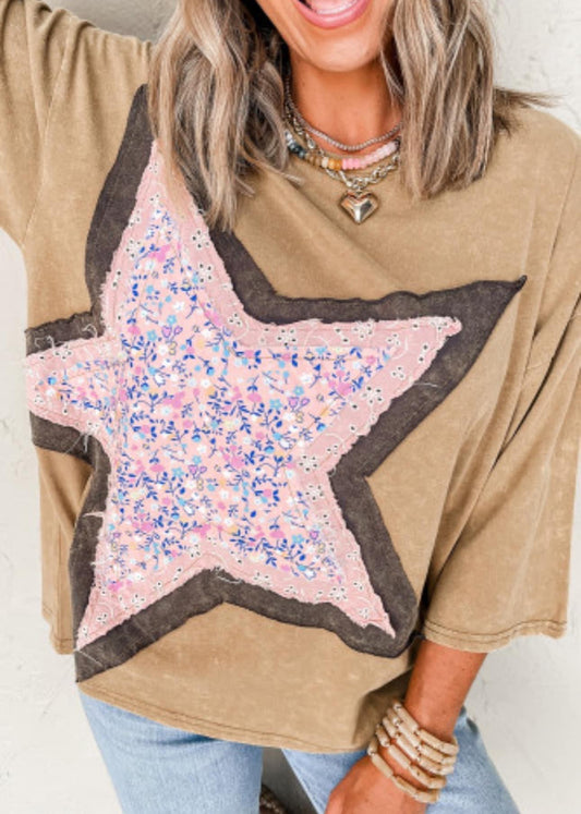 Camel Floral Star Shape Patchwork 3/4 Sleeve T Shirt PREORDER