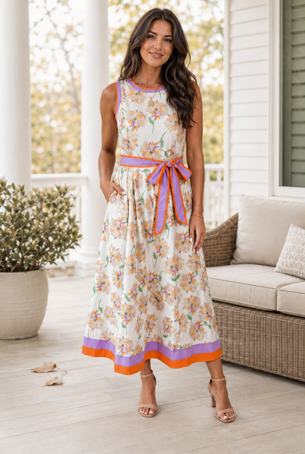 White Floral Print Color Block Trim Belted Sleeveless Maxi Dress