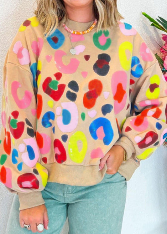 Khaki Multicolor Leopard Printed Drop Shoulder Pullover Sweatshirt PREORDER