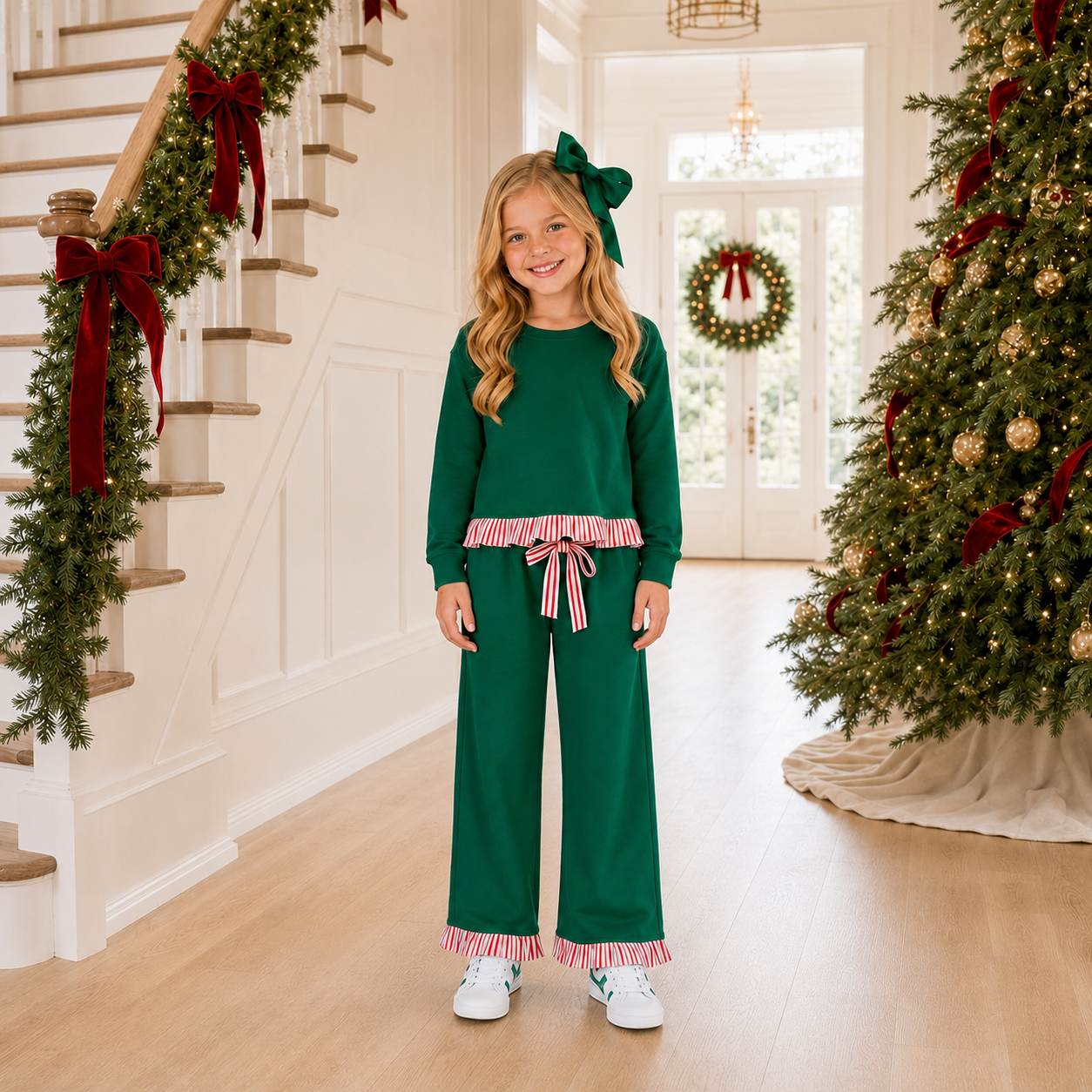 Girls Green Ruffle Detail Pant Set- PREORDER