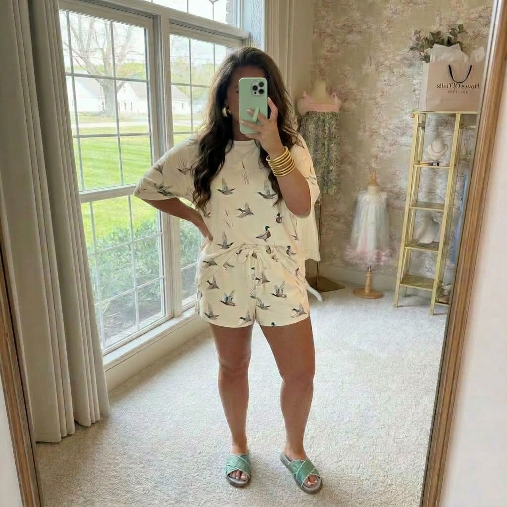 Beige Mallard Duck Print Oversized Tee Drawstring Short Set - PREORDER ETA 3-4 weeks