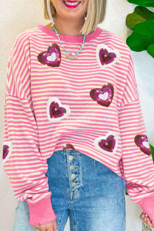 Pink Stripe Sequin Heart Oversized Top