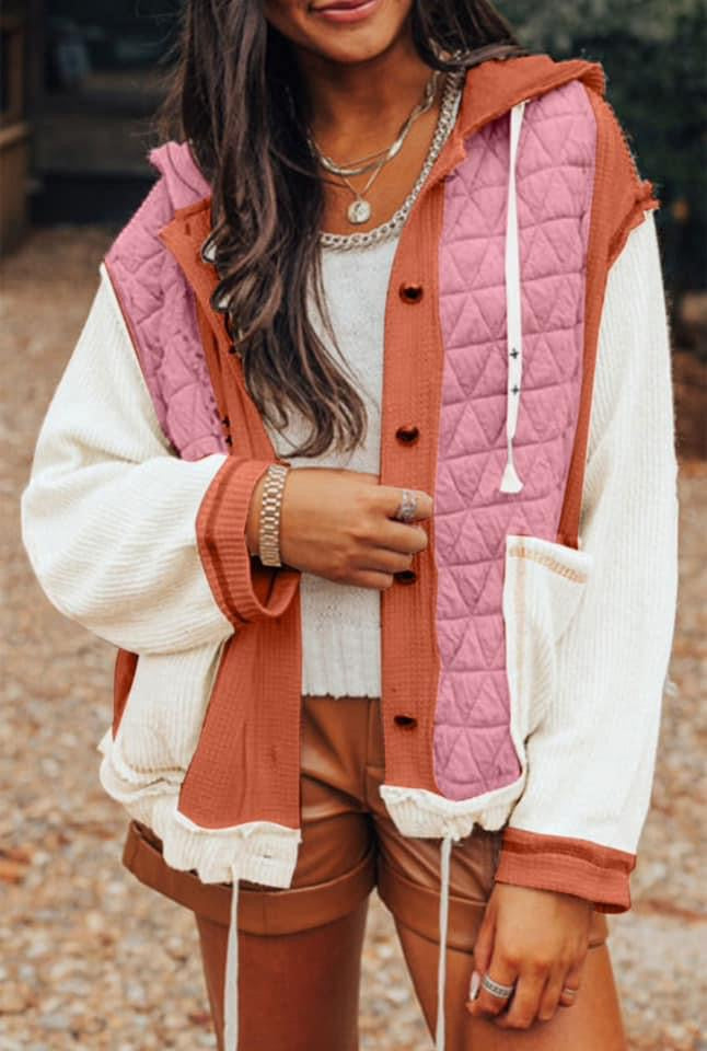 Coral Quilted Textured Patchwork Loose Fit Hooded Jacket PREORDER