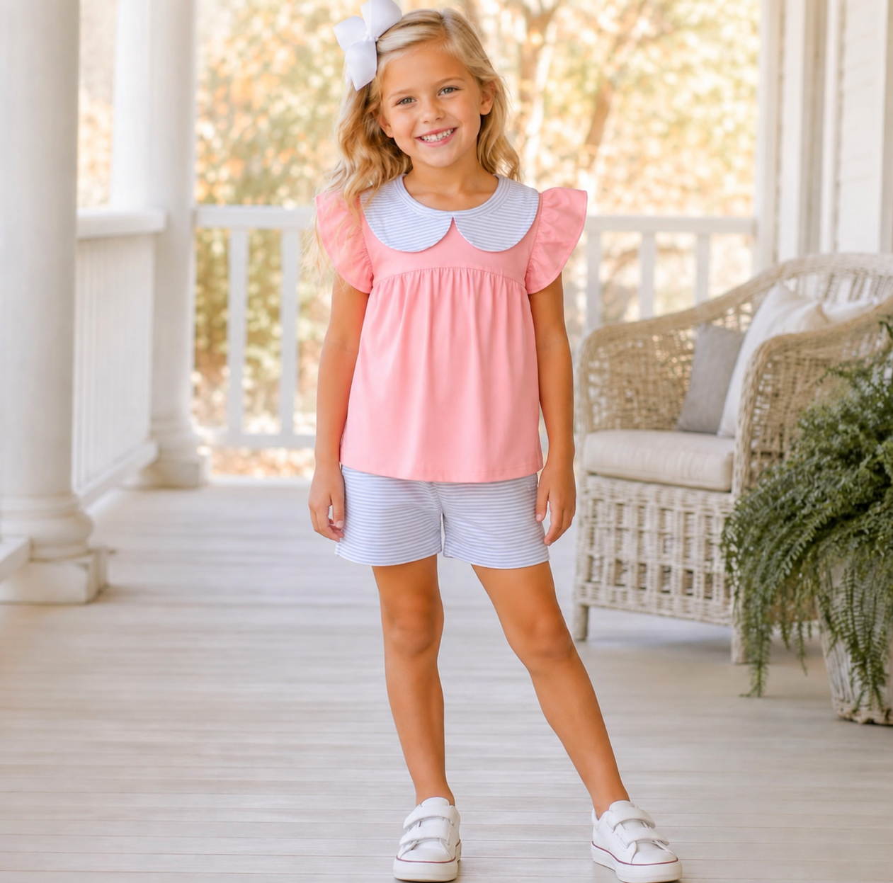 Girls Pink With Blue & White Stripes Summer Set